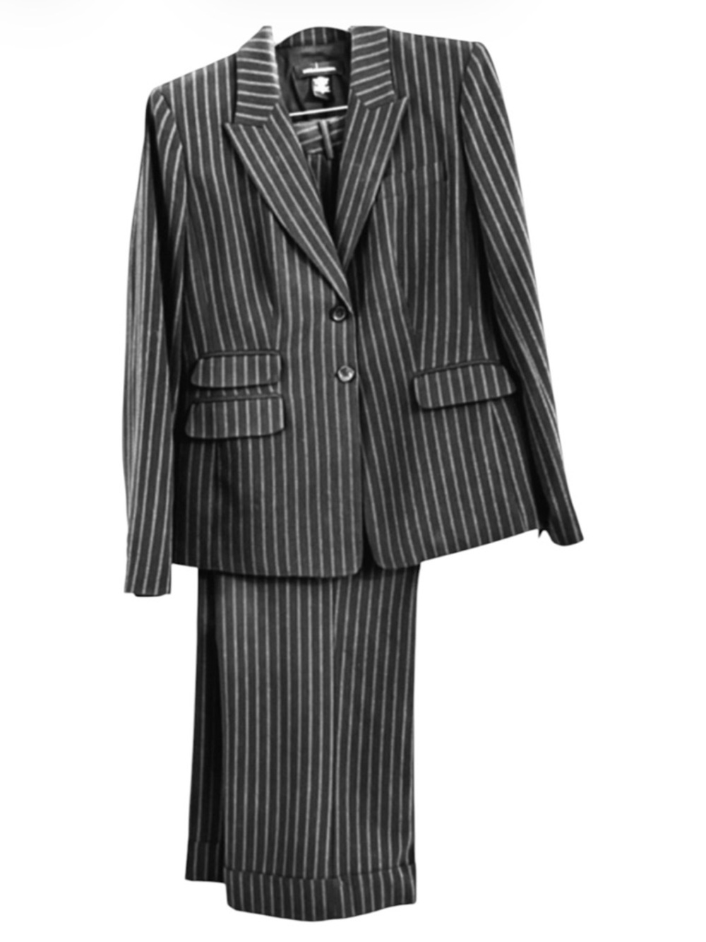 Moda International Charcoal Pin Striped Pantsuit Jacket 12 Pants 10